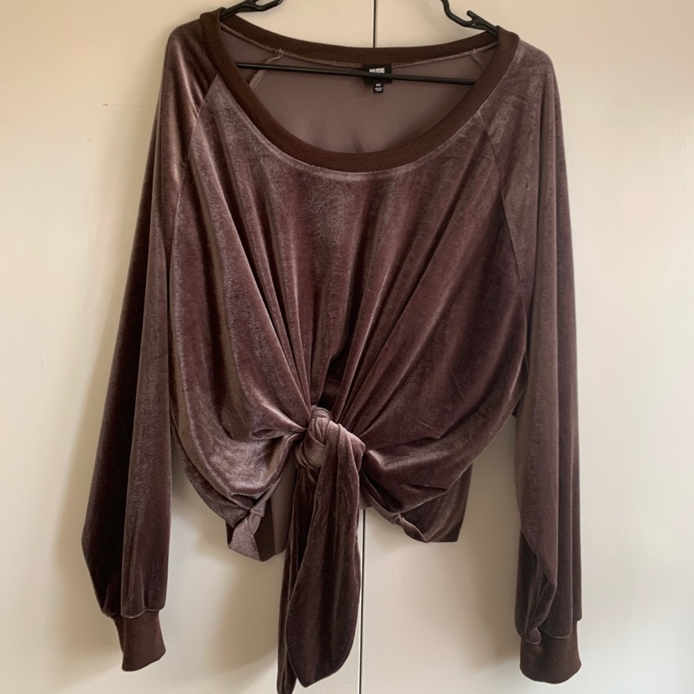Velour Cropped Sweatshirt with Front Tie